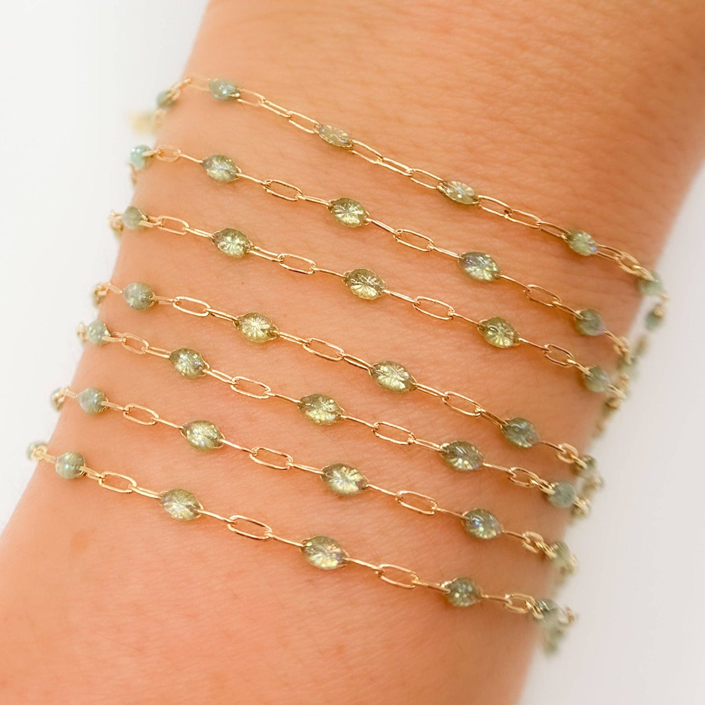 V250ENGF. 14k Gold Filled Enamel Satellite Chains: Green Shade / 1.1mm-2mm / Satellite