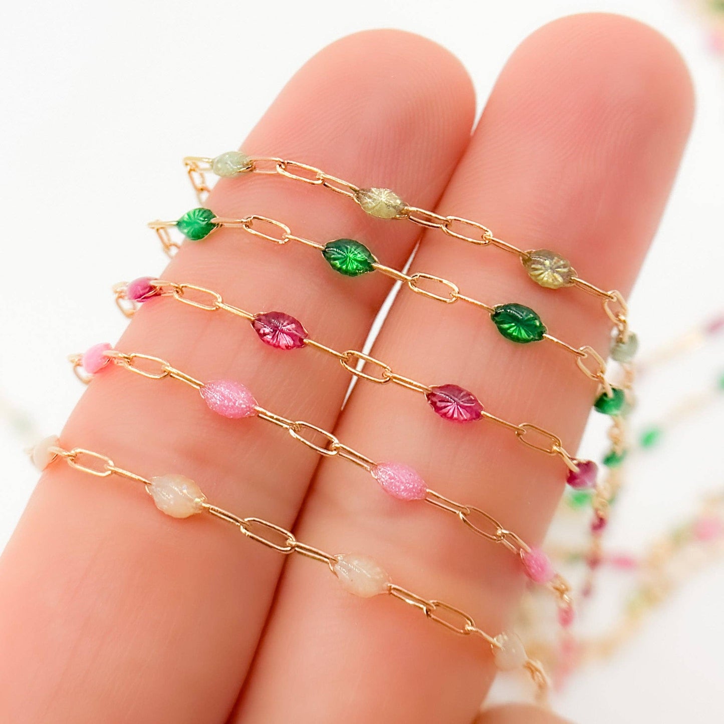 V250ENGF. 14k Gold Filled Enamel Satellite Chains: Green Shade / 1.1mm-2mm / Satellite
