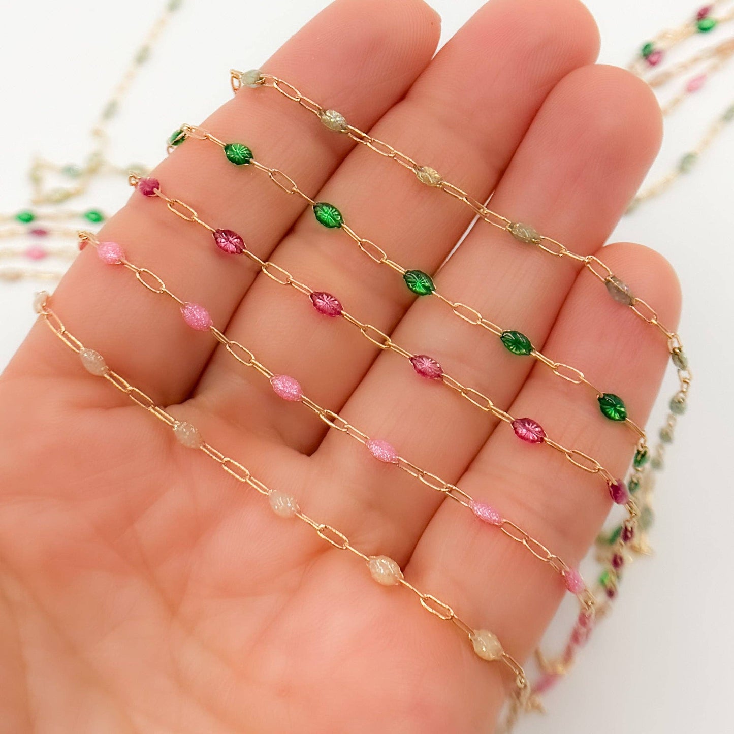 V250ENGF. 14k Gold Filled Enamel Satellite Chains: Green Shade / 1.1mm-2mm / Satellite