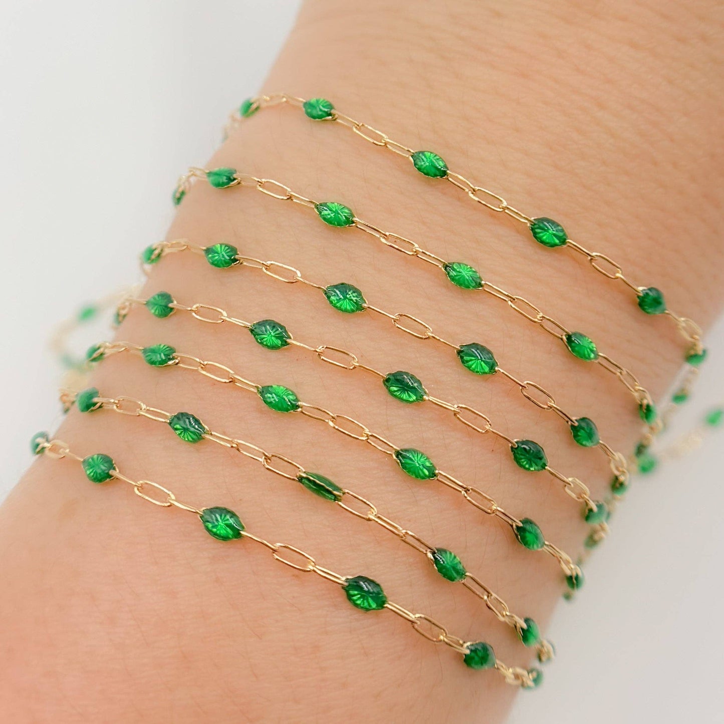 V250ENGF. 14k Gold Filled Enamel Satellite Chains: Green Shade / 1.1mm-2mm / Satellite
