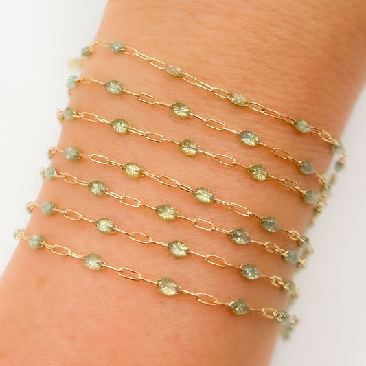V250ENGF. 14k Gold Filled Enamel Satellite Chains: Green Shade / 1.1mm-2mm / Satellite