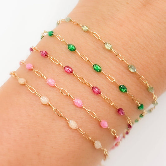 V250ENGF. 14k Gold Filled Enamel Satellite Chains: Green Shade / 1.1mm-2mm / Satellite